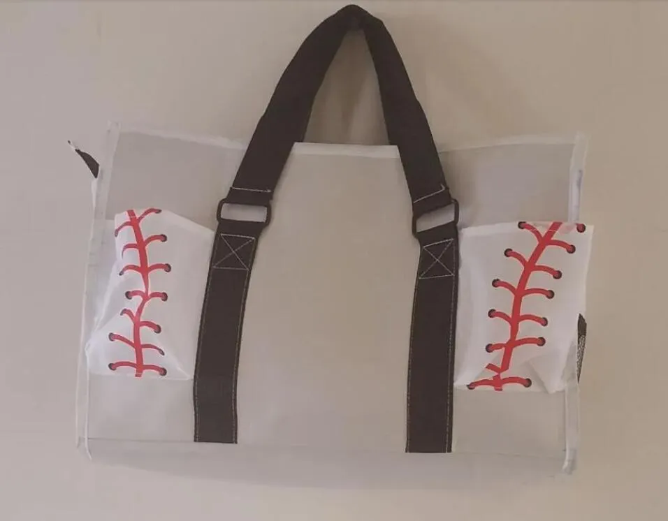 Utomhuspåsar stor olika stil baseball sömmar 5 färger mesh handtag axelväska sömnad tryckt handväska duk canvas sport rese strand