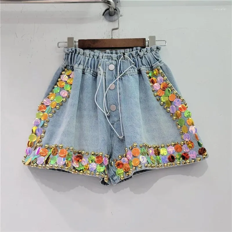 Jeans para mujer Mujeres Verano Diamantes coloridos con cuentas Pantalones cortos de mezclilla Hecho a mano Rhinestones Piernas anchas Cintura alta Pantalones elásticos con lentejuelas