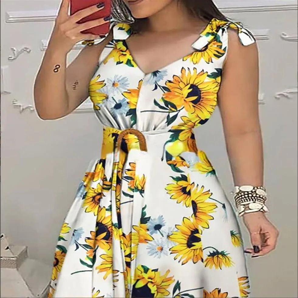 Casual Dresses Sunflower Print Lace Up Dress Women 2021 Summer266d