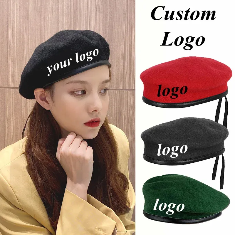 Berets Custom Large Unisex Wool Beret Caps Men Solid Color Pu Edge Army Woolen Beanies Adjustable French Artist Warm Boinas Hats 231027