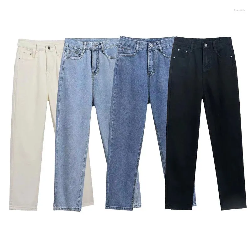 Jeans femininos primavera outono estiramento mulheres harajuku carga baggy azul preto branco streetwear cintura denim solto perna larga reta s