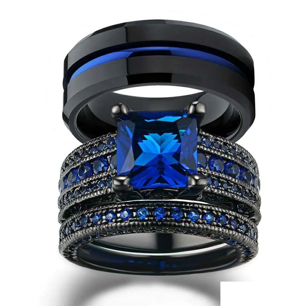 Bandringen Charm Paarringen Romantisch Blauwe Steentjes Dames Set Trendy Heren Roestvrij Stalen Ring Mode-sieraden Voor Drop Dhgarden Otwru