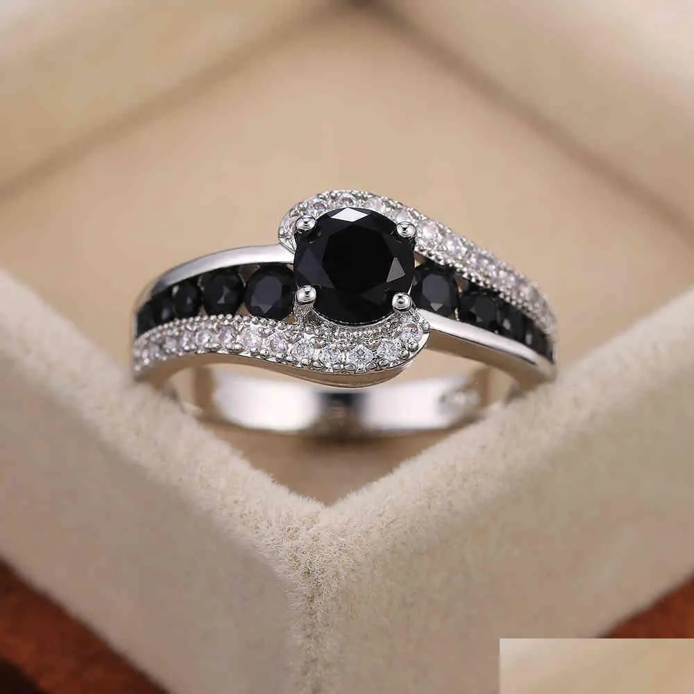 Band Rings Huitan Special-Interest Black Stone Women Wedding Ring Dazzling Crystal Zircon Delicate Gift Top Quality Female C Dhgarden Otlyy