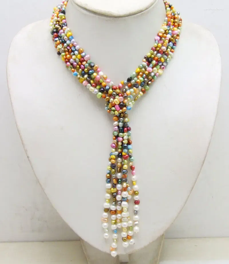 Cadenas anudadas a mano 4-5 mm barroco multicolor perla natural 3 hebras 114 cm collar joyería de moda
