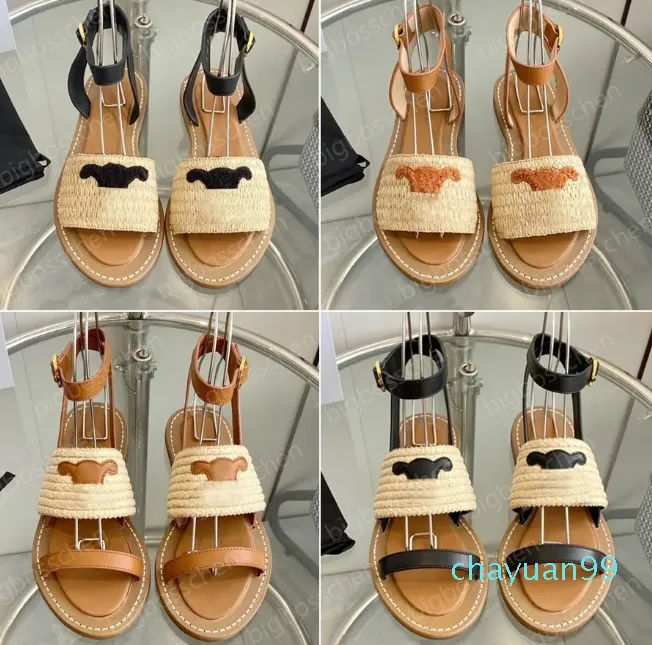 럭셔리 디자이너 샌들 Lymbia Arc de Triomphe Raffia Raffia Woven Sandals 패션 플랫 플랫폼 오픈 발가락 샌들 여름 야외 해변 신발 인쇄 35-41