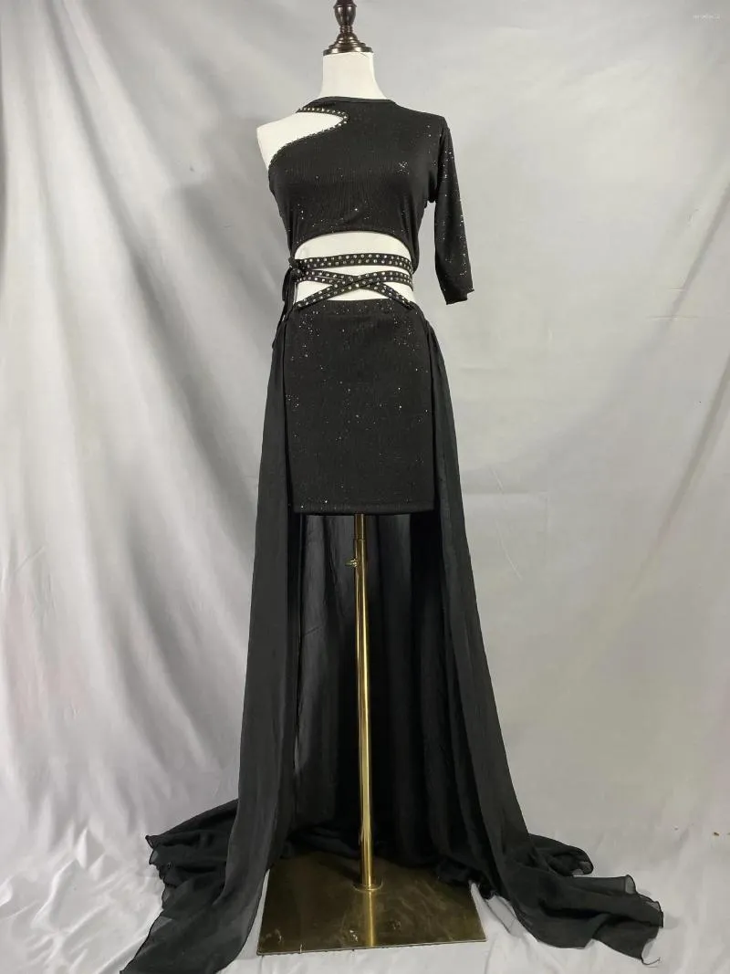 Palco desgaste dança do ventre diamante-cravejado preto top saia longa terno oriental grande balanço desempenho vestido