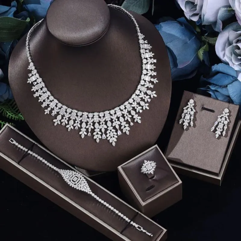 Conjunto de collar y pendientes para mujer, joyería CZ blanca, Circonia cúbica de boda, fiesta de compromiso grande nupcial africana de Dubái