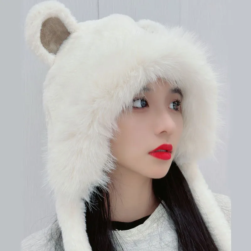 Kabarık ve kalın sevimli ayı kulak şapka kulak koruma uzun top top taklit tavşan saç kış şapkası