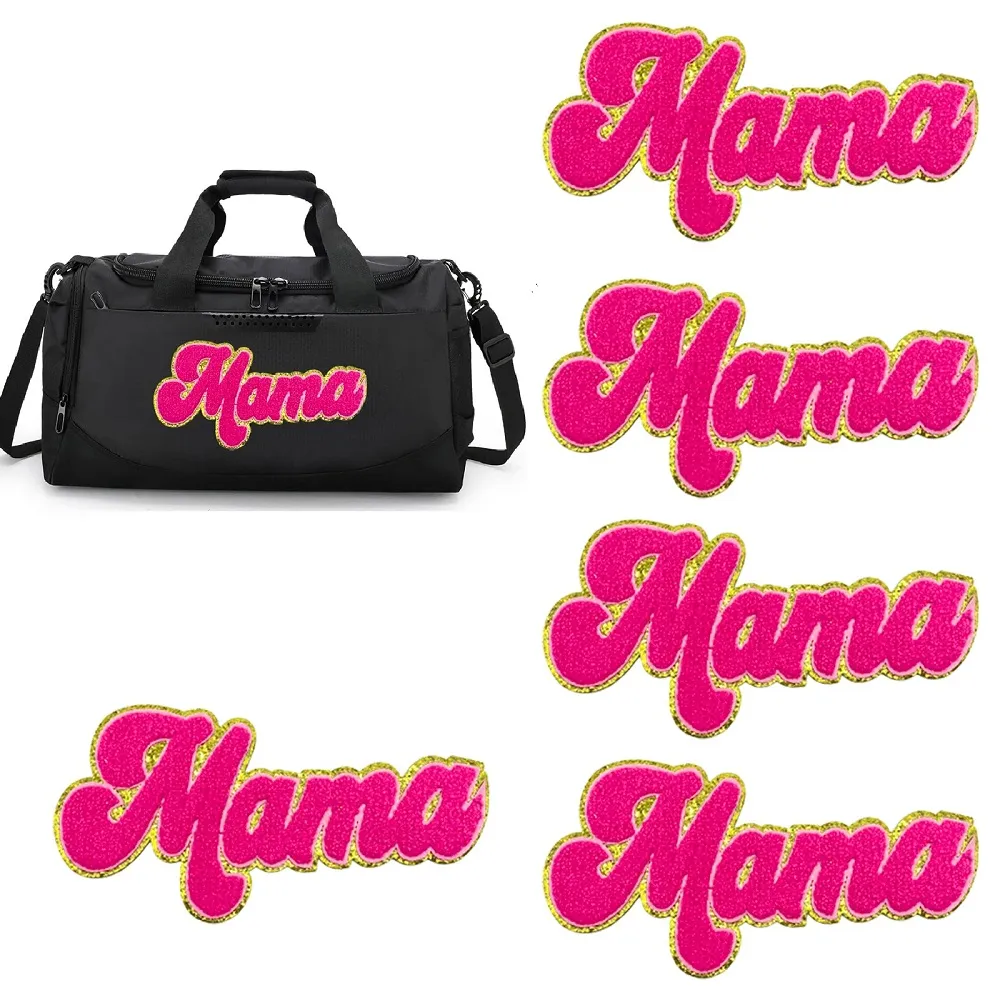 Parches de letras para planchar para ropa, parche bordado de chenilla de reparación decorativa de mamá de leopardo rosa brillante, costura personalizada para reparación de ropa, chaquetas, bolsas