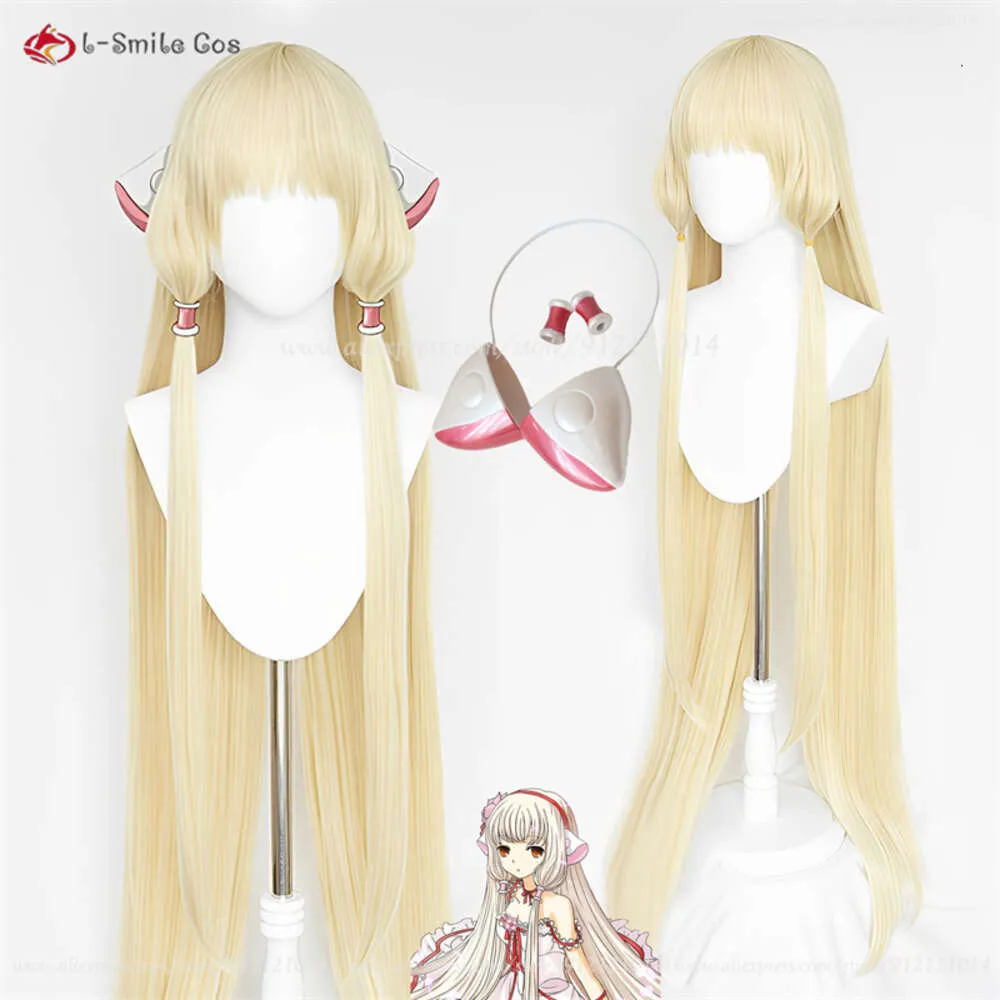 Catsuit Costumes Anime Chobits Chii Cosplay 130cm Golden Blonde Straight Heat Resistance Hair Accessories Halloween Party Wigs + Wig Cap