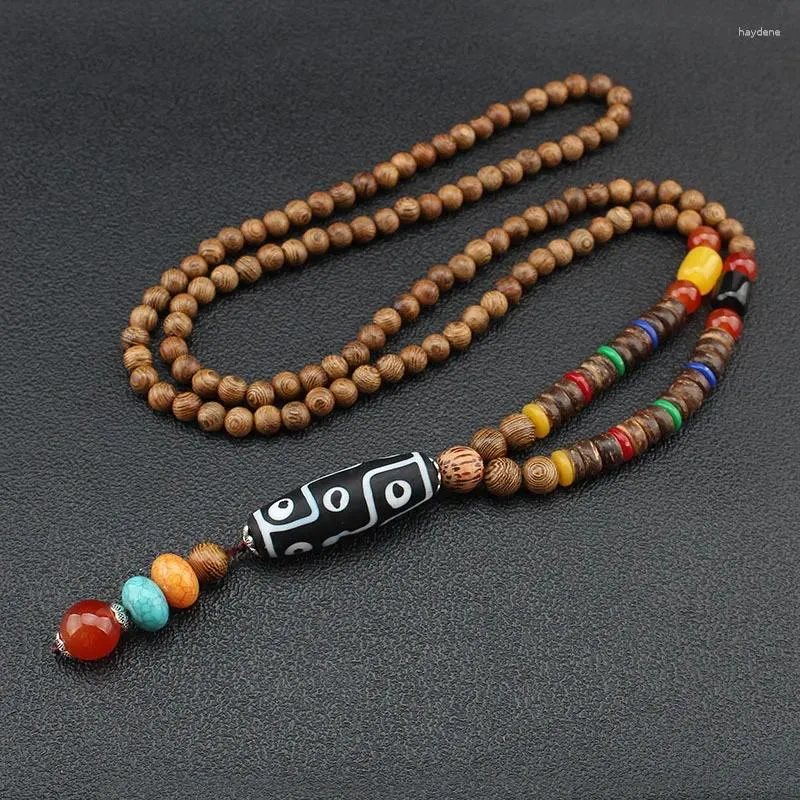 Pendant Necklaces Ethnic Tibetan Nine Eyes Dzi Evade Peace Ox Horn Necklace Nepal Jewelry Sandalwoods Vintage
