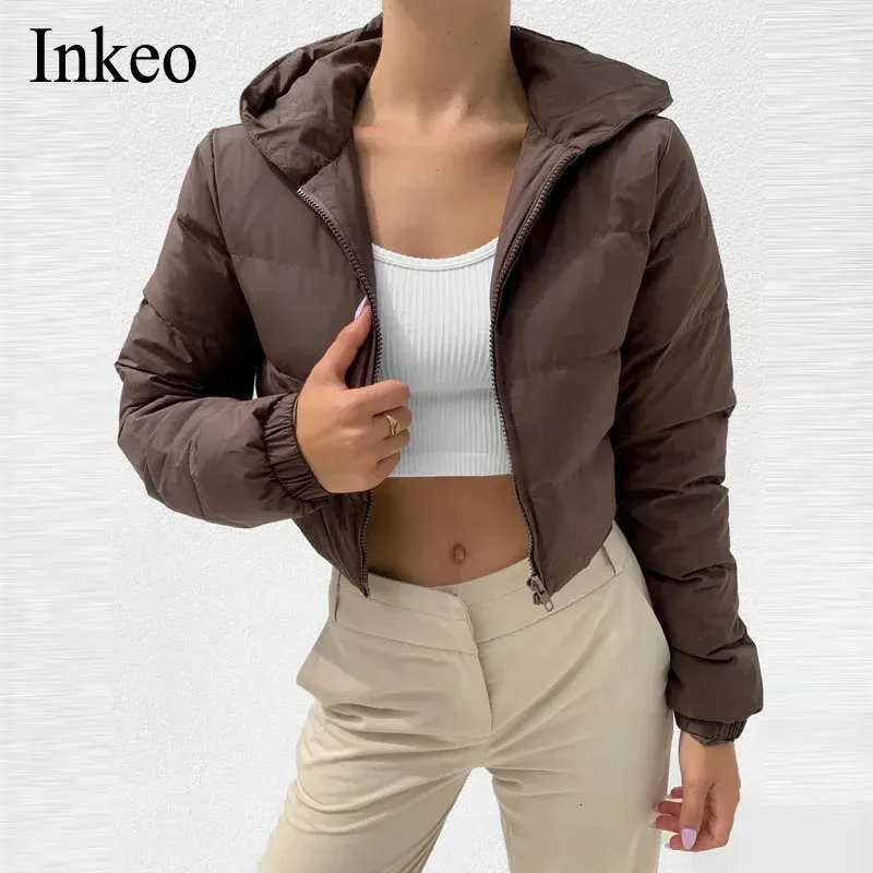 Womens Down Parkas Women Est Cotton Padded Jacket Brown Black Autumn Winter Hooded Short Coat Zip Parkas Warm Fashion Ladies Inkeo 1O064 231027