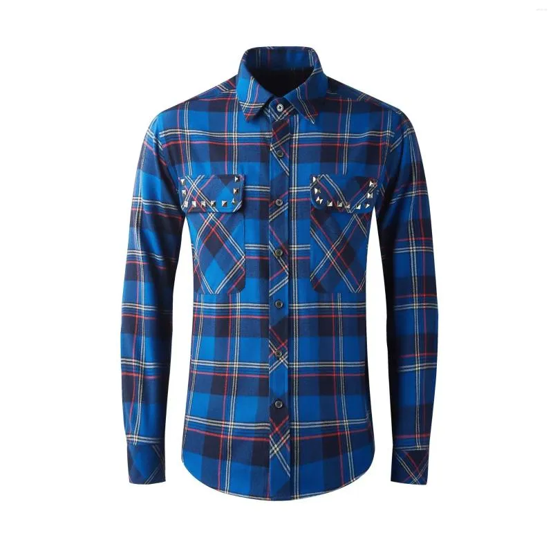 メンズカジュアルシャツ高品質の豪華なジュエリーチェックスナップシャツ長袖レギュラーフィットの格子縞の作業