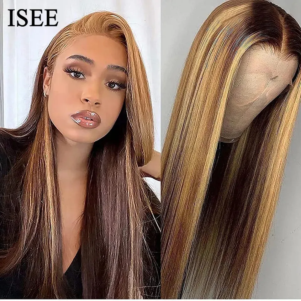 Synthetic Wigs ISEE HAIR Wig Highlight Straight 13x4 Lace Front Human Hair 4X4 Closure 427 Ombre Peruvian 231027