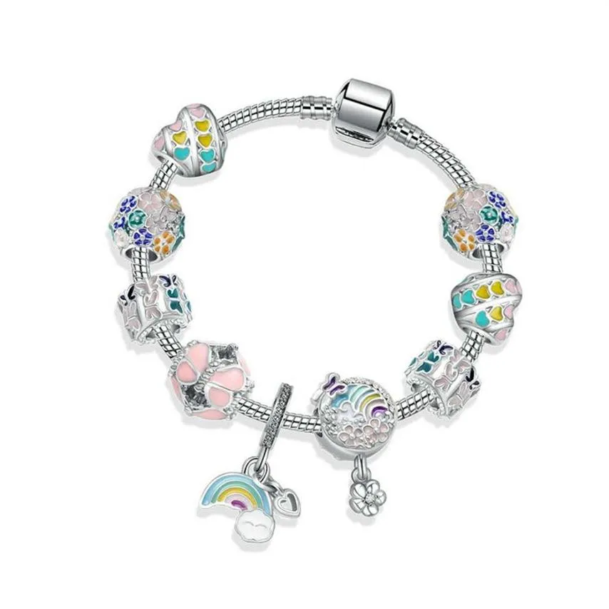Neues 925 Silber Regenbogen Armband Himmel Blume Charm Perlen Schlangenkette Charms Armbänder Geburtstagsgeschenk Diy Jewelry228z