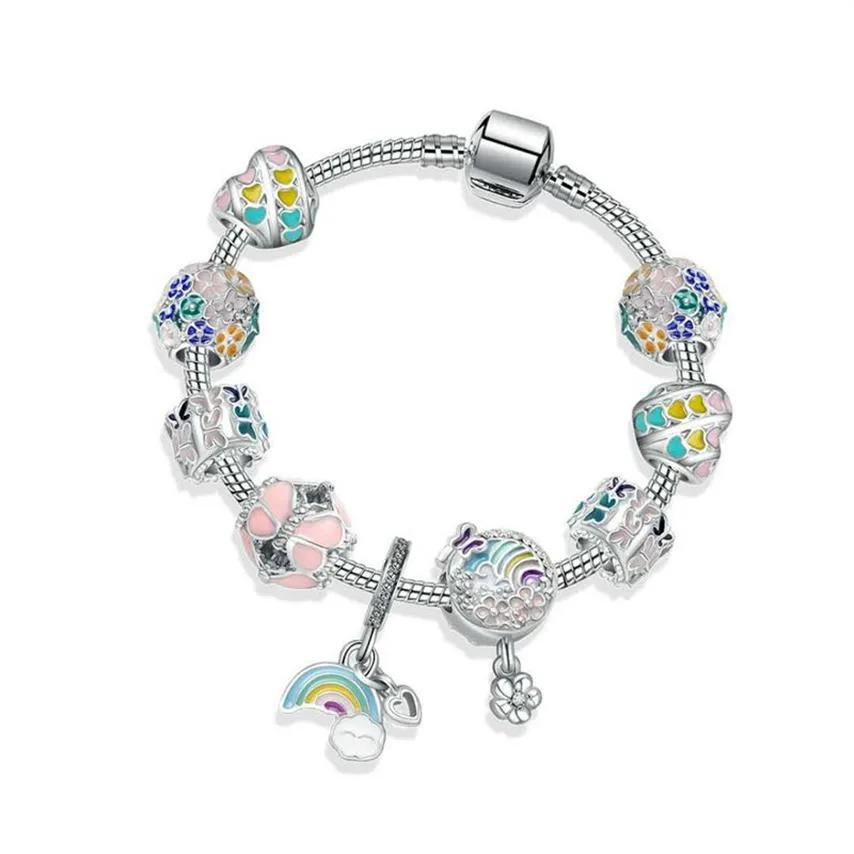 New 925 silver rainbow bracelet sky flower charm beads snake chain charms bracelets birthday gift Diy Jewelry228z