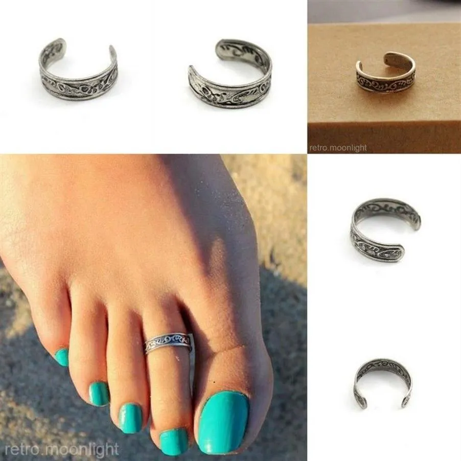 Anéis de dedo do pé ajustáveis, exclusivos, de abertura ajustável, prateados antigos, verão, praia, joias para o corpo, 50 peças, lote yblh500253y