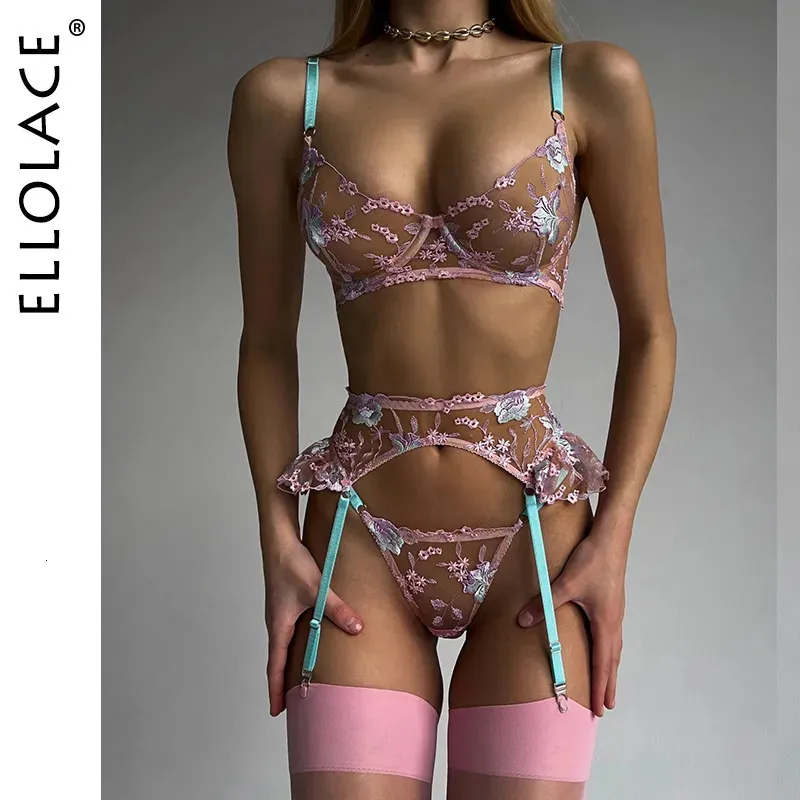 Ensemble sexy Ellolace Fairy Lingerie Floral Sous-vêtements transparents Jarretière à volants Sous-vêtements délicats intimes Belle voir à travers les tenues 231027