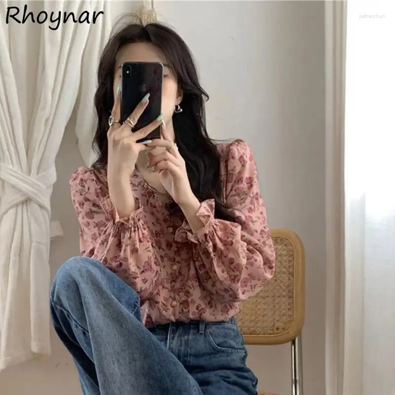 Women's Blouses Shirts Women Ruffles Chic Sweet Gentle French Lady Spring Pretty Floral Vintage Long Sleeve Tops Daily Breathable All-match