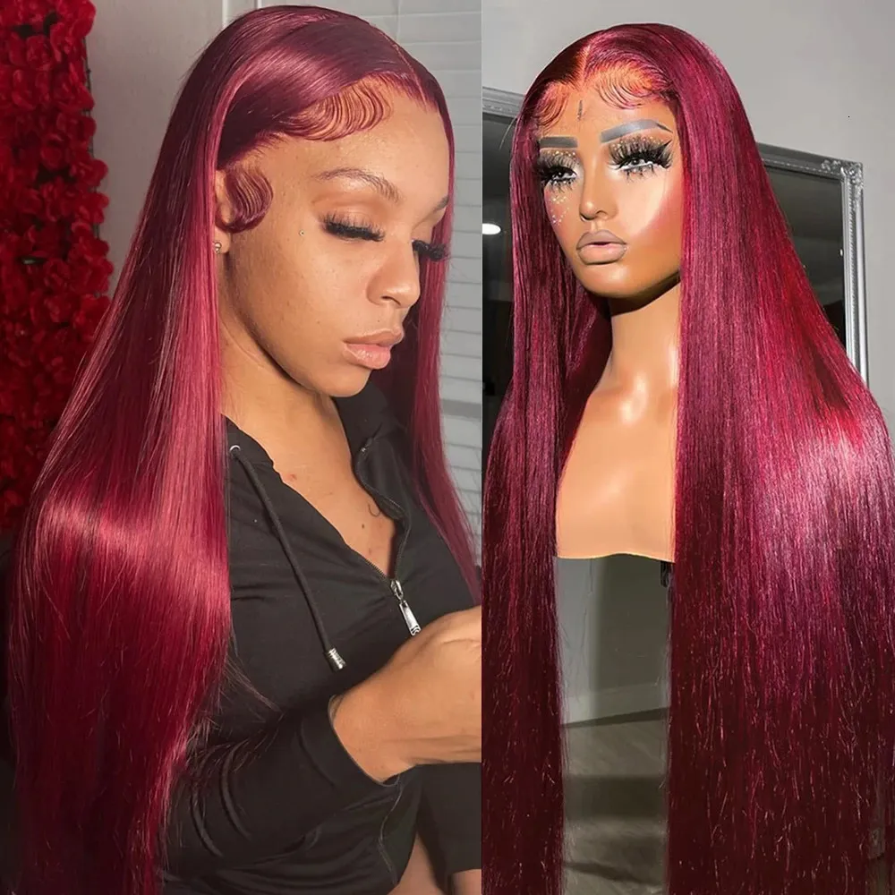 Synthetic Wigs Burgundy Red 13x6 HD Lace Frontal Human Hair 99J Colored Straight 13x4 Front Glueless Wig For Women 30 34 36 Inch 231027
