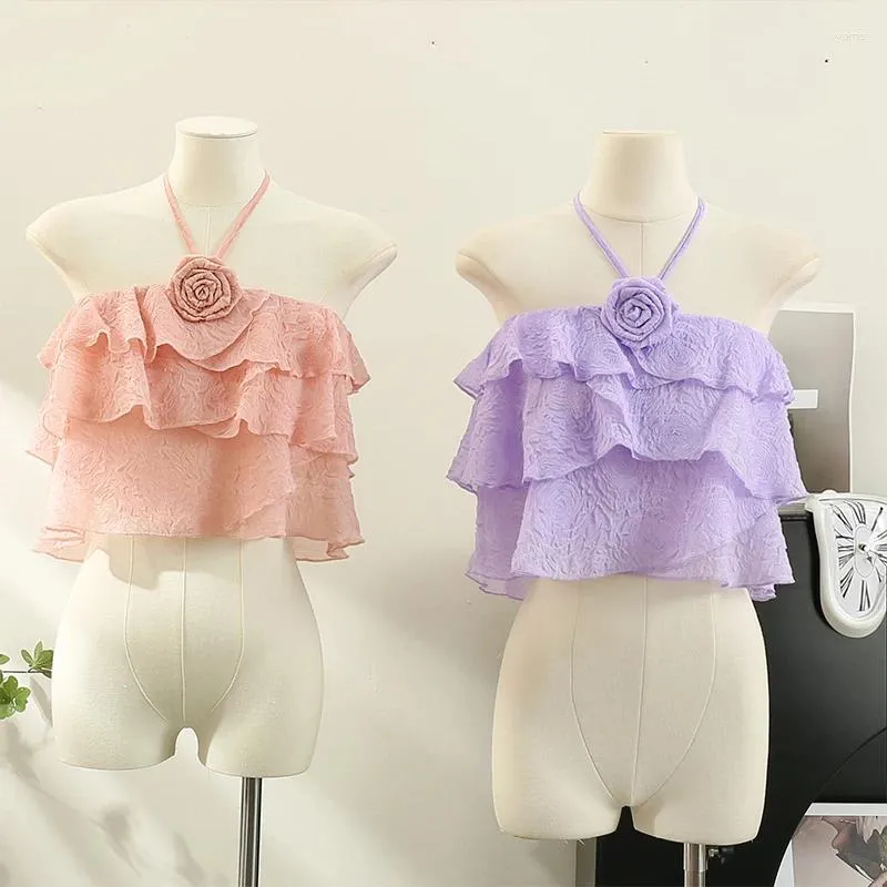 Kvinntankar 2023 Chic Summer Tank Tops för kvinnor Sweet Girl 3D Flower Hanging Neck Rem Camisole Open Back Ruffle Slim Short Top Outwear