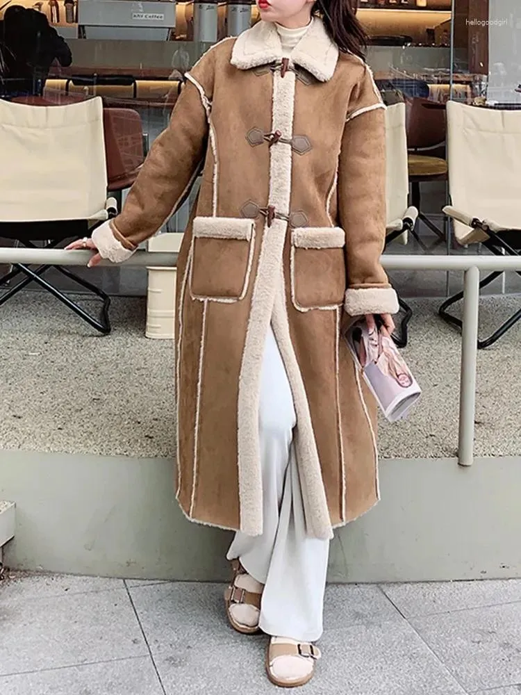 Femmes Fourrure Hiver Femmes Faux Daim Veste En Cuir Casual Lady Vintage Lâche Revers Corne Bouton Long Outwear Laine D'agneau Chamois Manteau