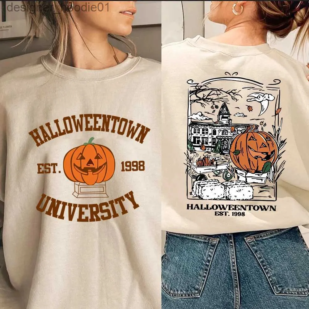 Мужские толстовки с капюшоном, винтажная толстовка Halloweentown 1998, толстовка с 2 боковыми принтами Halloweentown, университетская толстовка с тыквой, осенний пуловер, топы для вечеринки на Хэллоуин, L231027