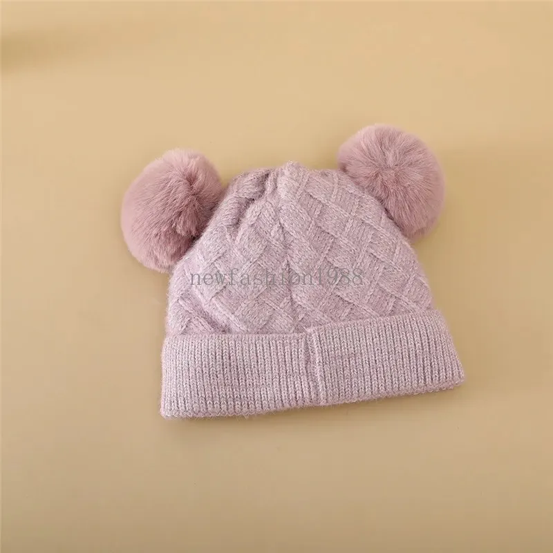 Solid color winter warm and cold-proof knitted hat with plush double fur balls cute woolen hat