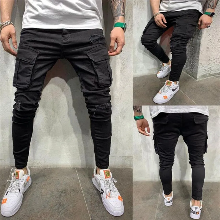 Men's Jeans Black Biker Cargo Men Multi-Pocket Slim Fit Joggers Trousers Mens Ripped Hole Motorcycle Streetwear Denim Pencil 258t