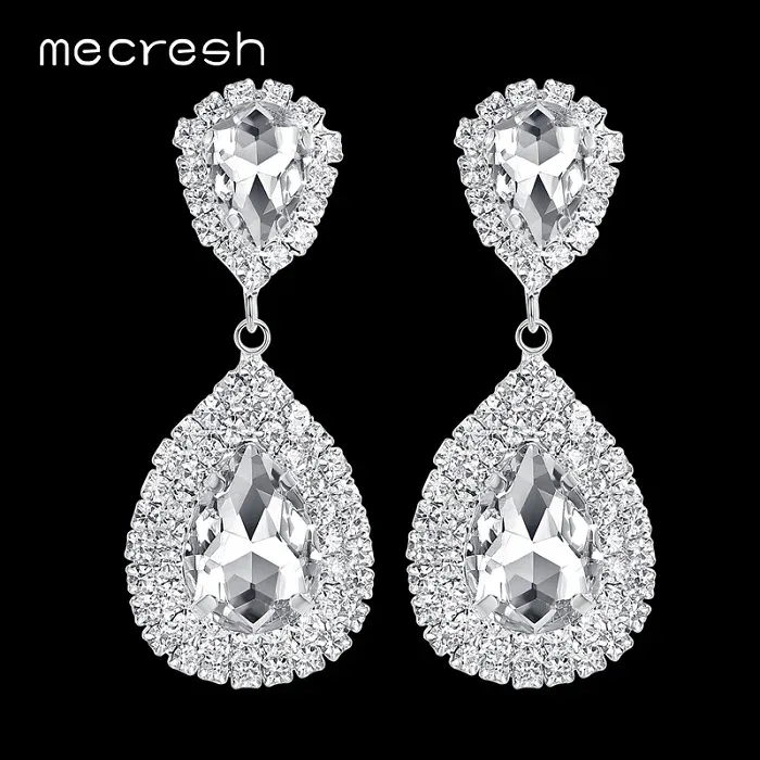 Dangle Earrings Mecresh Silver Color Big Crystal Bridal Wedding