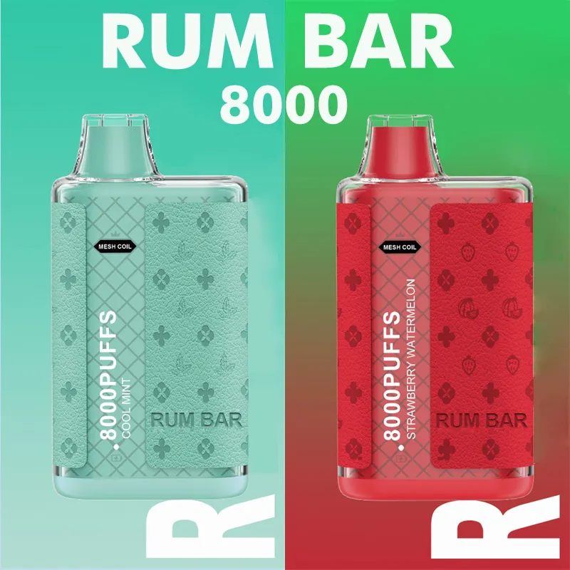 Original Rum Bar BM 8000 Puffs Dispositivo de vape desechable 18 ml Bobina de malla Flujo de aire Tipo-C ajustable Batería recargable de 600 mAh Diseño de parche de cuero Mods 10 sabores