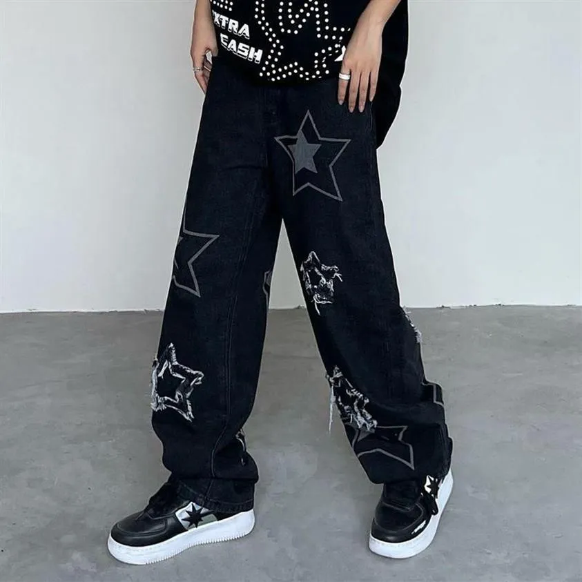 Men's Jeans Y2k Men Star Printed Trousers Autumn Korean Fashion Gothic High Street Style Loose Casual Slim Straight Wide-leg 260e