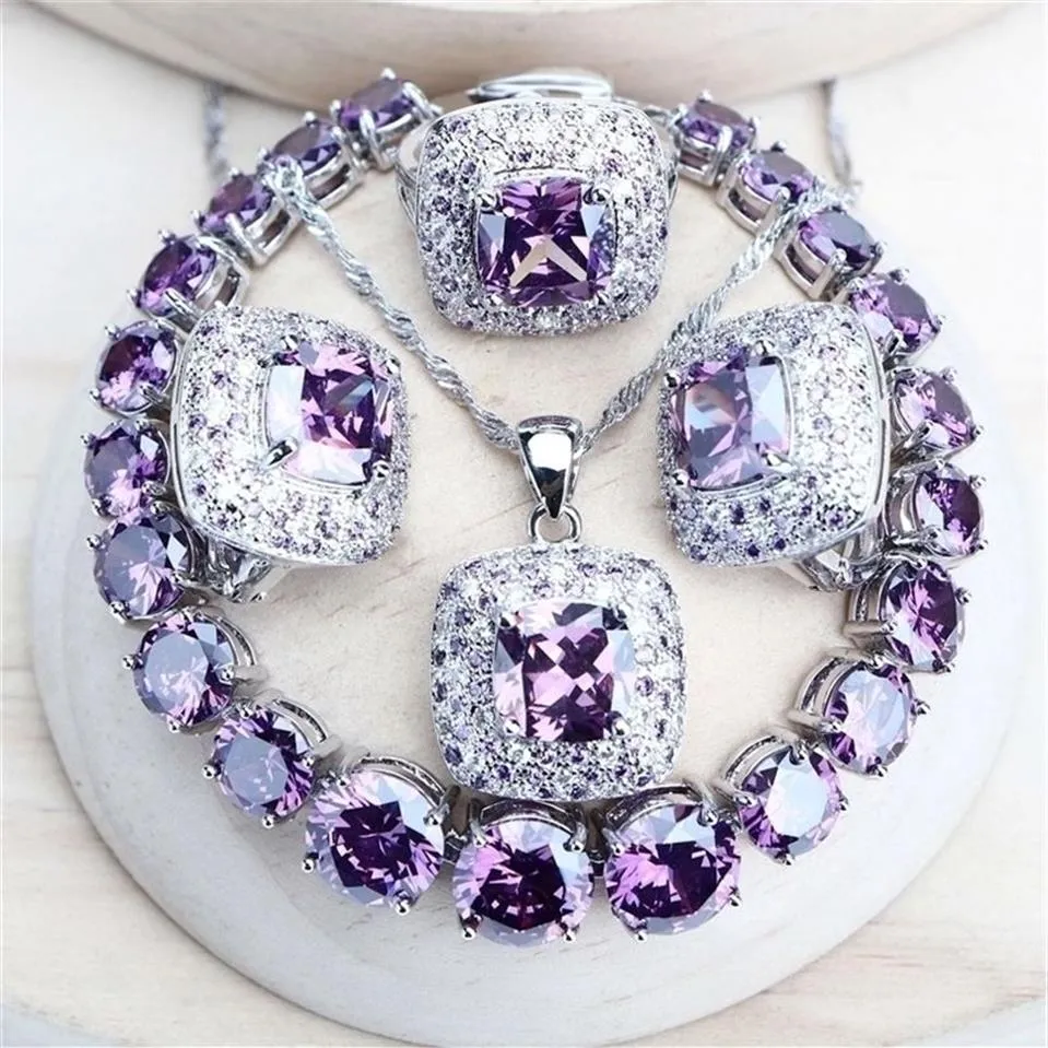 Purple Zirconia Women Bridal Jewelry Sets Silver 925 Fine Costume Jewellery Wedding Earrings Rings Bracelets Pendant Necklace 2208311k