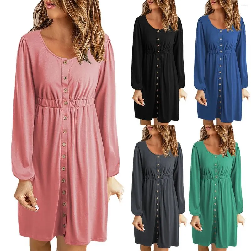 Robes décontractées Col rond pour femme Jupe boutonnée Couleur unie Taille à manches longues Robes d'été courtes pour femmes Robe trapèze avec boutons