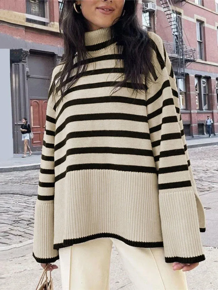 Damessweaters Zwart-wit gestreepte trui Street chic Losse top Pullover Vrouwelijke trui Lange mouw Coltrui Gebreid Geribbeld 231026