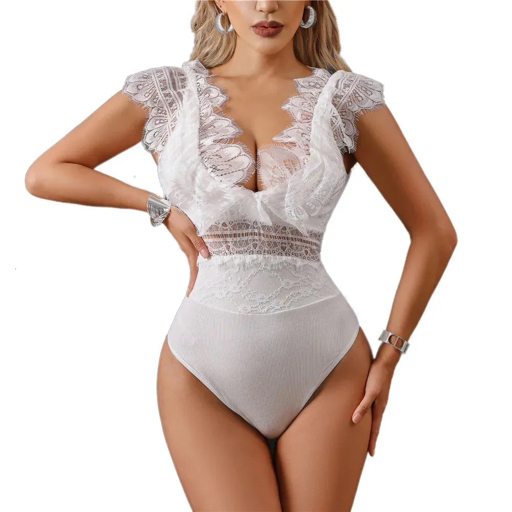 Sexy Set Sexy Lingerie Open Crotch Bodysuit For Women Lace Jumpsuits White Open Bra Corset Hollow Out Erotic Underwear Costumes 231026