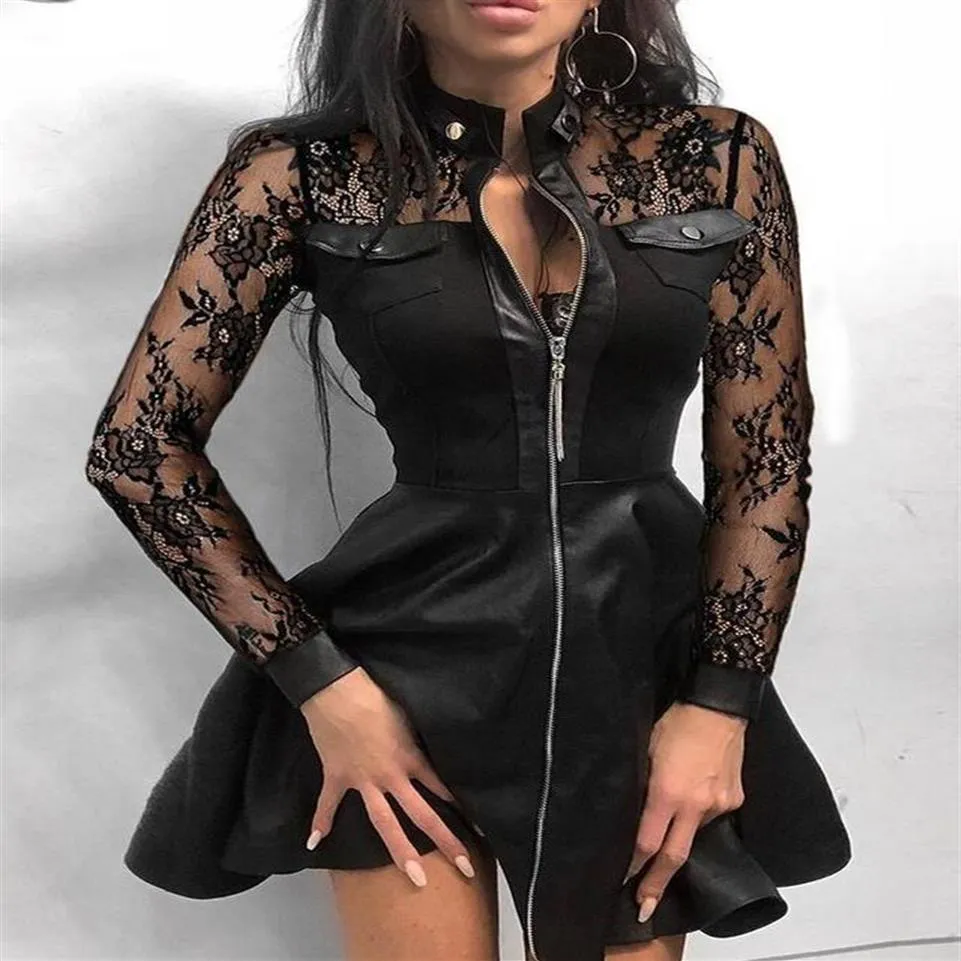 Robe de plage en cuir pour femmes, Sexy, col en v, manches longues, jupe, taille de poche, nouvelle collection automne hiver, S-XL325y