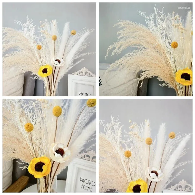 Dekorativa blommor bohemisk stil vit serie eldstad torr blomma bukett liten vass guld boll bröllopsplats