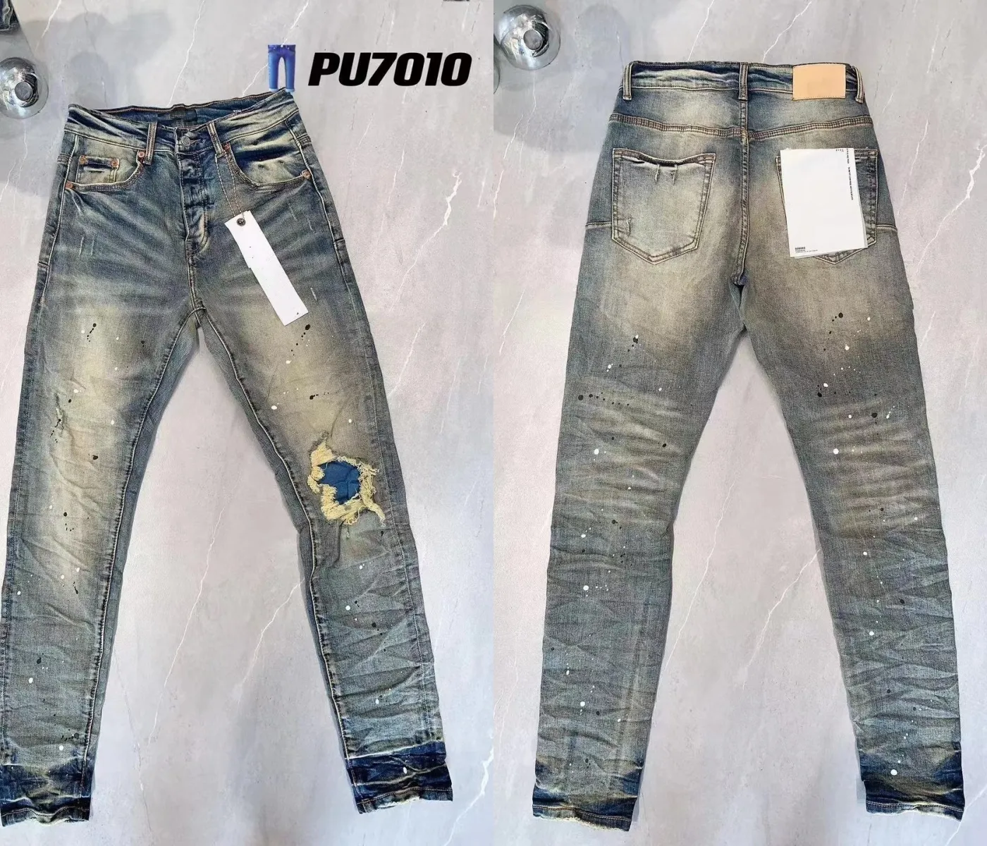 2024 Purple Jeans Designer Jeans Herren Jeans Männer Knie dünne gerade Größe 28-40 Motorrad Trendy Long gerade Loch High Street Denim Großhandel 2 Teile 10% Rabatt