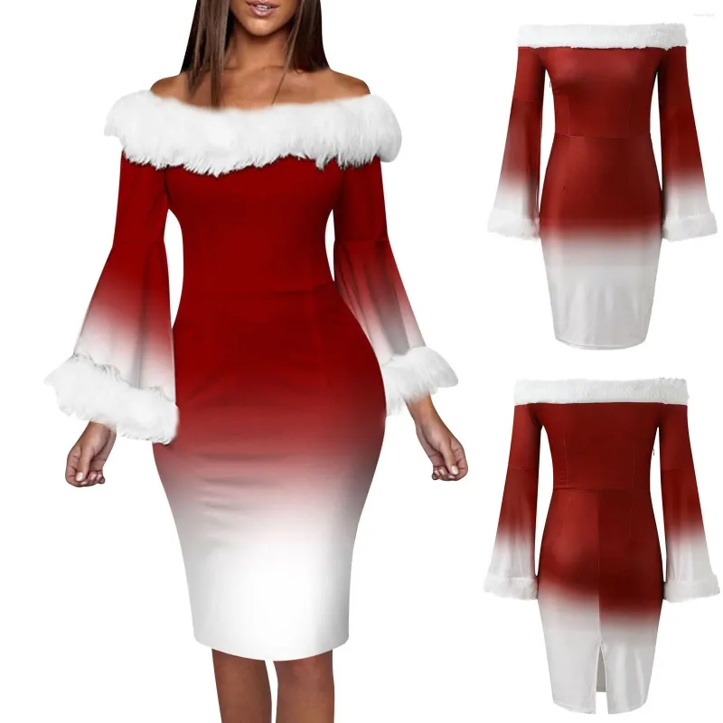 Sukienki swobodne damskie świąteczne sukienki na szyję dekoltowe modno -jesienne i zimowe dorosłe świąteczny kostium Santa Pluszowy, ciepły impreza