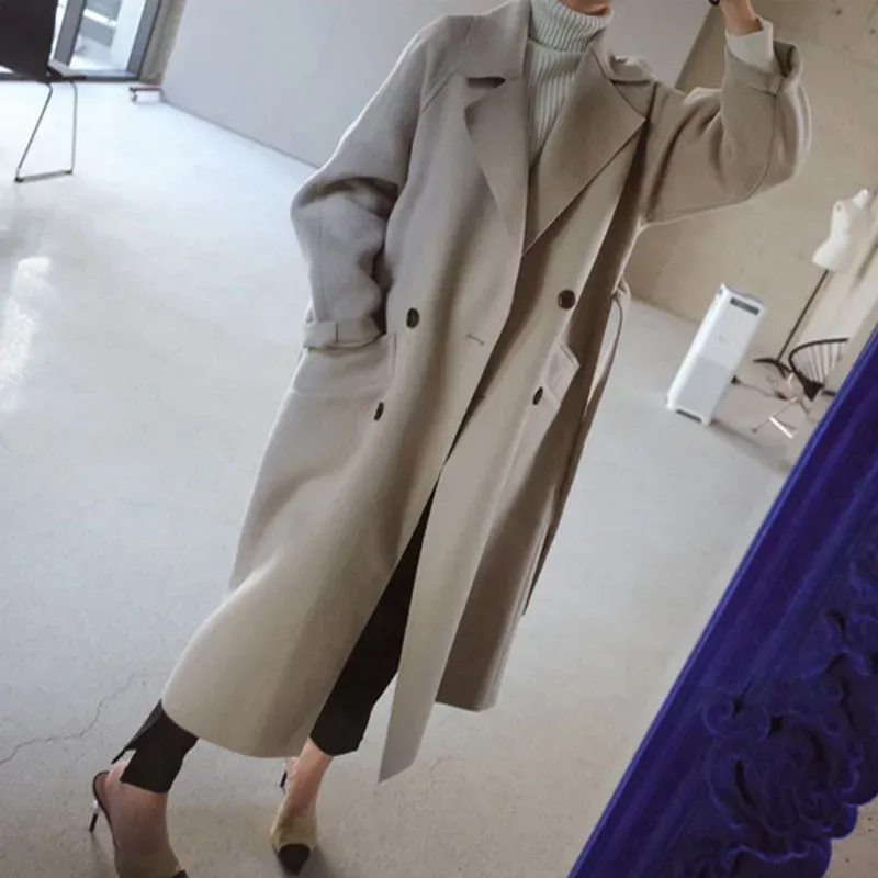 Designer Winter Wide Belt 2024 Lapel Pocket Blend Coat Oversize Long Trench Outwear WO