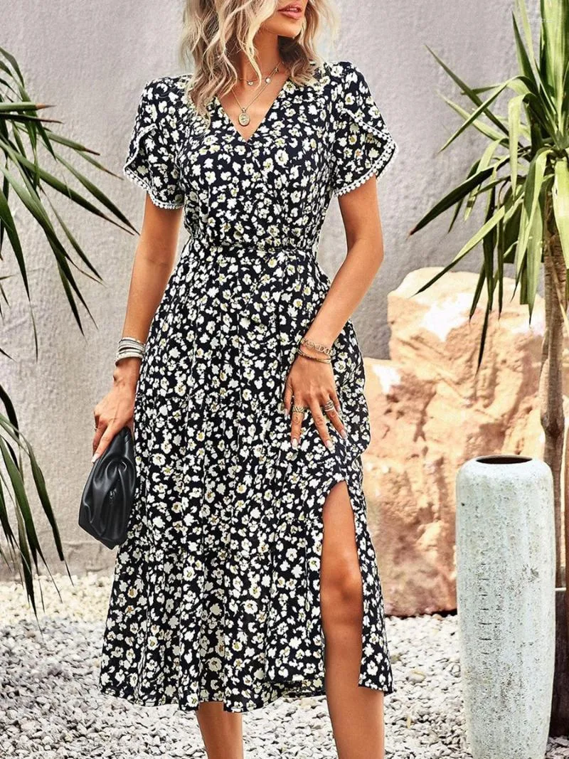 Freizeitkleider Damen Bohemian Kurzarmkleid Blumenmuster Midi Boho V-Ausschnitt Fließendes Sommerkleid Slim Fit Maxi