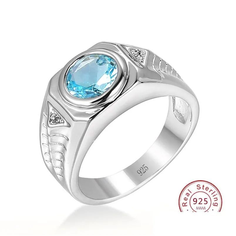 Anelli a fascia Uomo Pietre preziose acquamarina Anelli con zirconi blu per gioielli vintage di lusso in argento sterling 925 Bijoux Drop Delive Dhgarden Otmcv