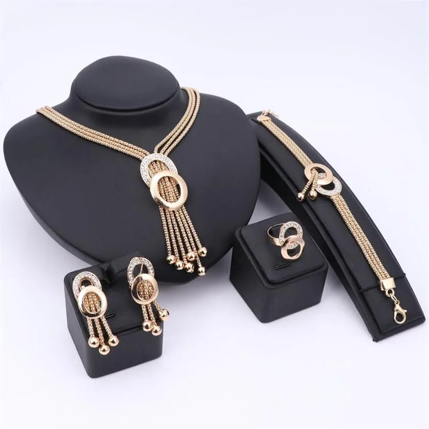 Afrikaanse Sieraden Sets Vrouwen Bruiloft Vergulde Kristallen Kwastje Ketting Mode Bruids Ring Armband Oorbellen Accessoires321y