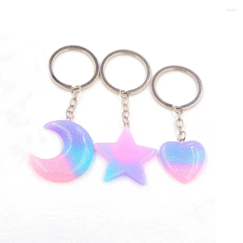 Keychains harts nyckelring Keyring Heart Half Moon Star Key Bag Pendant Blue Pink Glitter Chains Söta romantiska par gåva