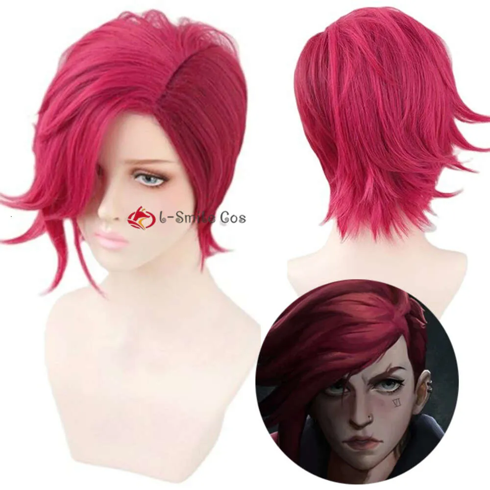 Catsuit Costumes Game LOL Arcane Vi Cosplay VI Deep Rose 30cm Short Heat Resistant Synthetic Hair Role Play Wigs + Free Wig Cap