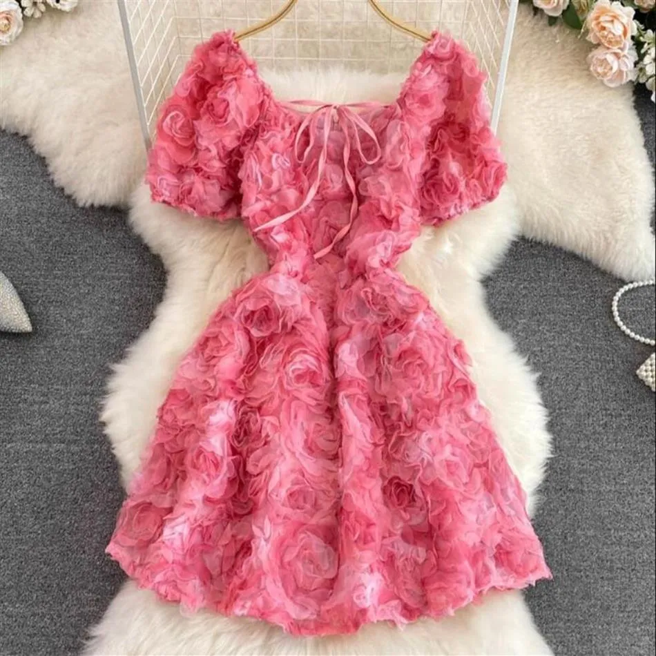 Vestidos de festa 2023 verão quadrado pescoço puff manga curta cintura encolhendo a linha vestido rosa tridimensional rosa pétala doce first242y