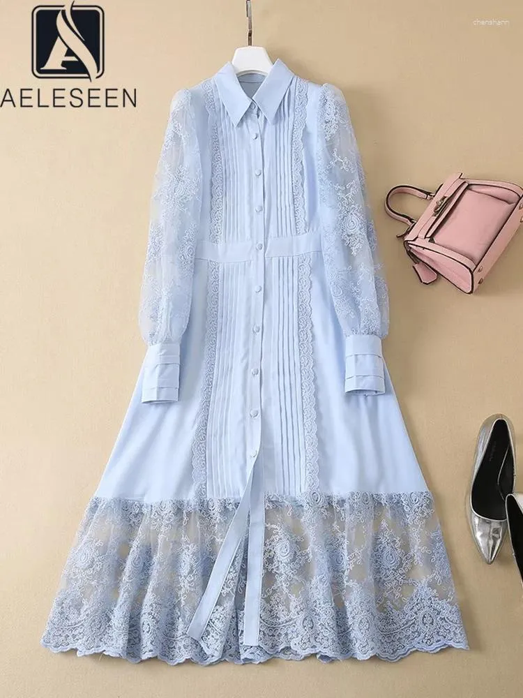 Casual Dresses Aeleseen Runway Fashion Women Sky Blue Dress Autumn Full Sleeve Flower Embroidery Pleated A-Line Midi Gace Party