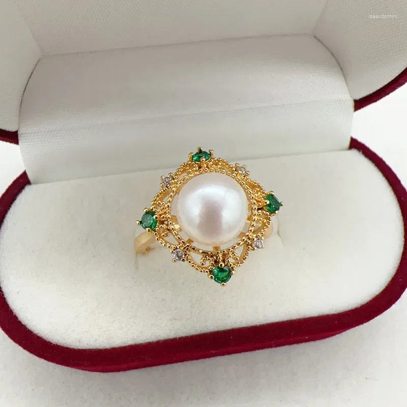 Anéis de cluster 14k ouro cheio de pérola anel requintado elegante verde zircão diamante design quadrado jóias naturais para mulheres presente