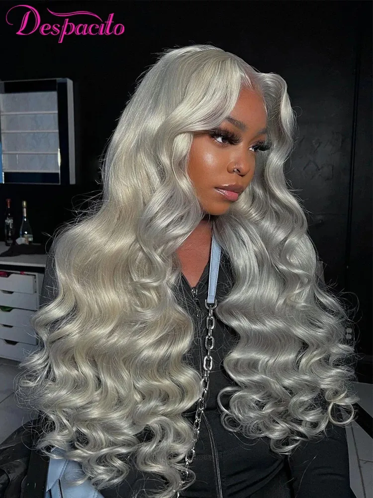 Synthetic Lace Front Wigs: Silver Grey Body Wave Wig, From